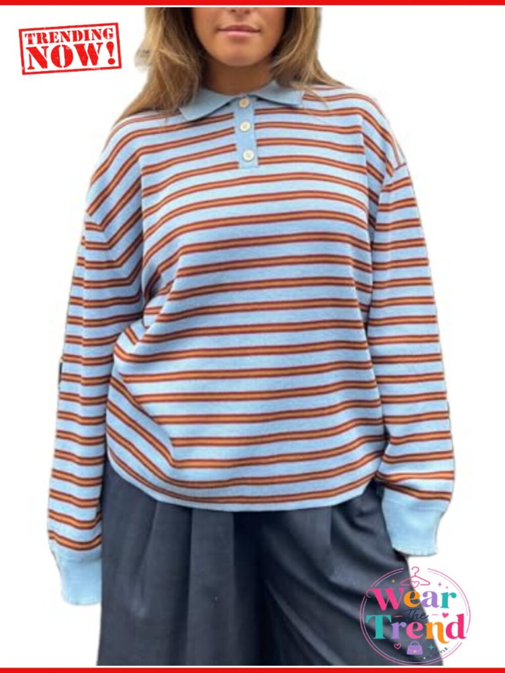 Women's Striped V-Neck Button Loose Pullover Sweater Long Sleeve Casual